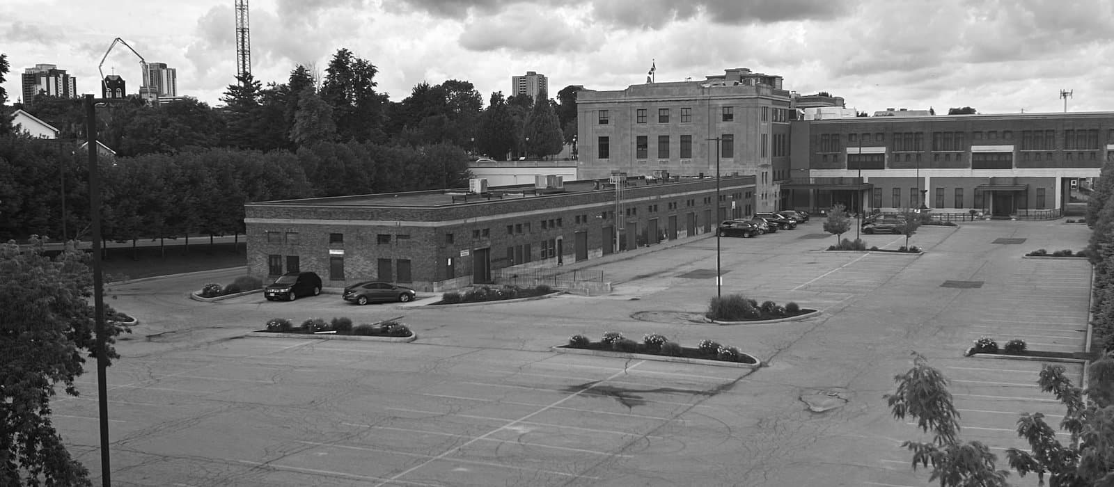 The Mercury Foodservice warehouse at LIUNA Station, Hamilton, in black and white